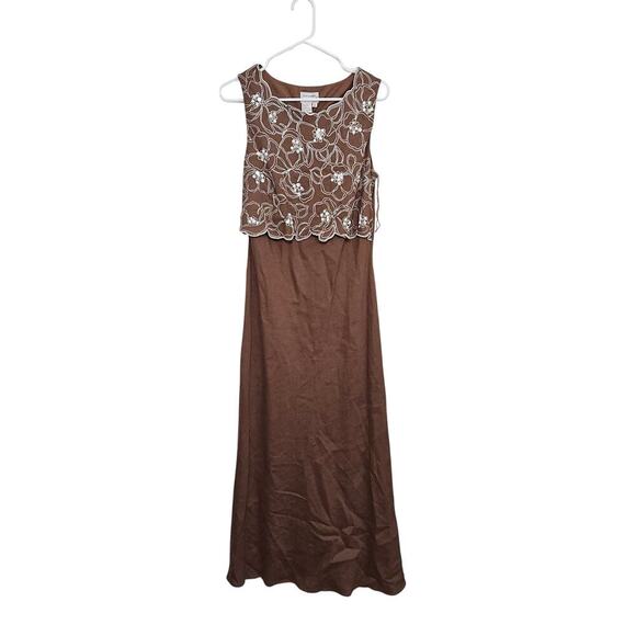 Vintage 90s Adrianna Papell Linen Blend Brown Floral Maxi Dress Size 10 Medium - Picture 1 of 5